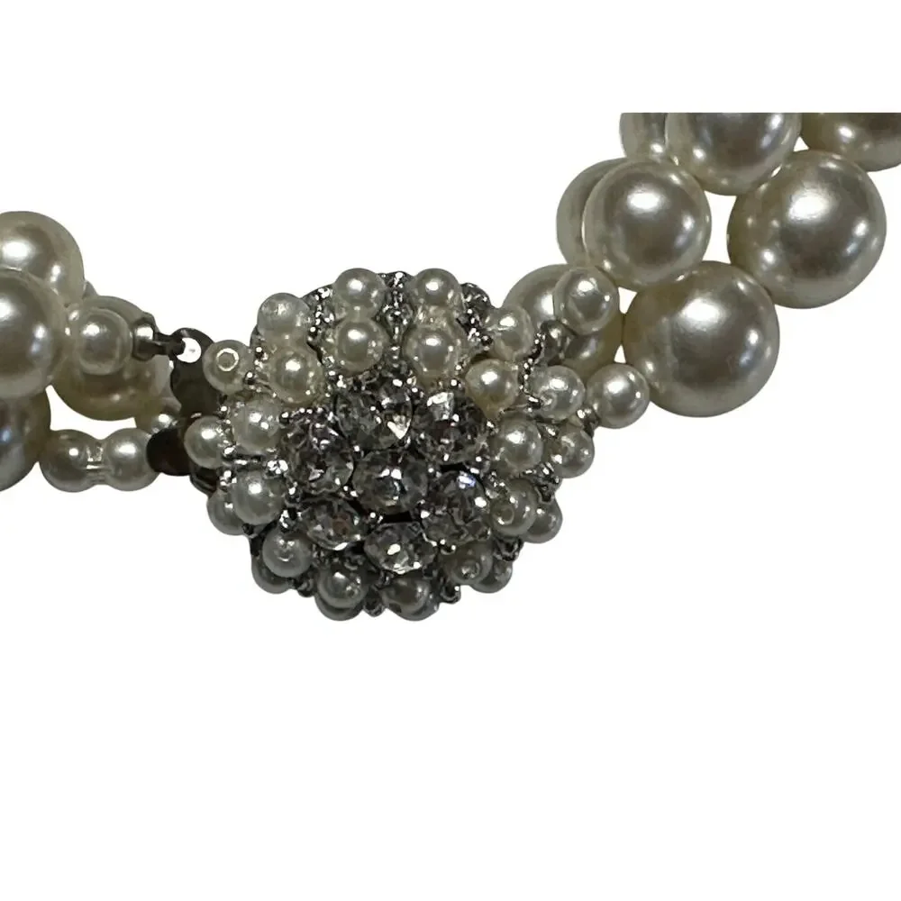 3 Strand Faux Pearl Bracelet Crystal Pearl Statement Elegant Hollywood Glam